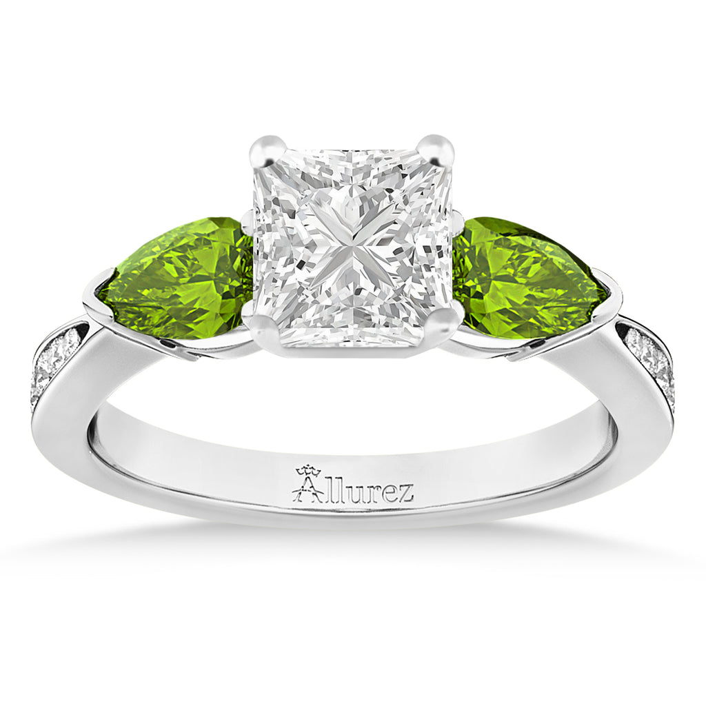 Princess Diamond & Pear Peridot Engagement Ring 14k White Gold (1.79ct)