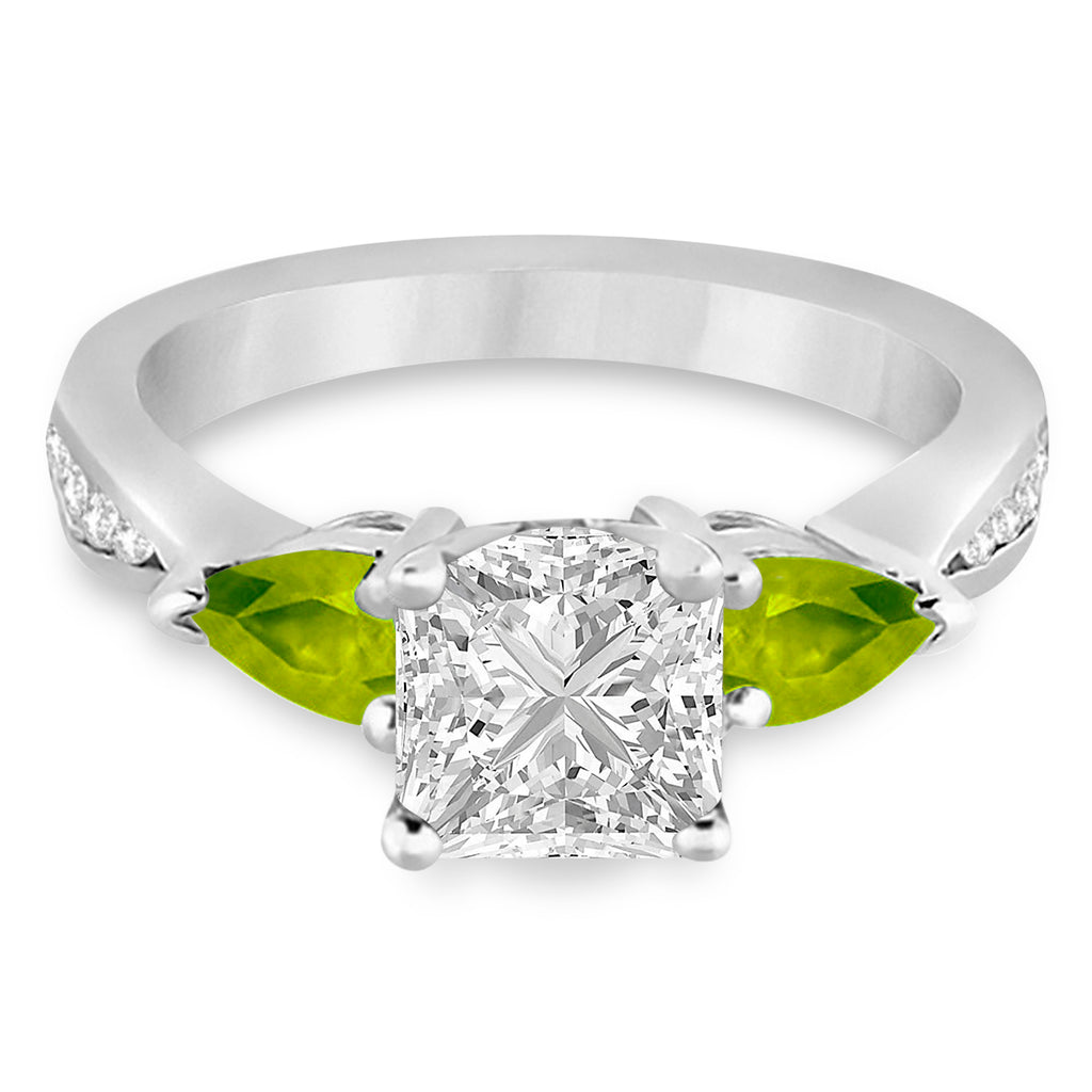Princess Diamond & Pear Peridot Engagement Ring 14k White Gold (1.79ct)