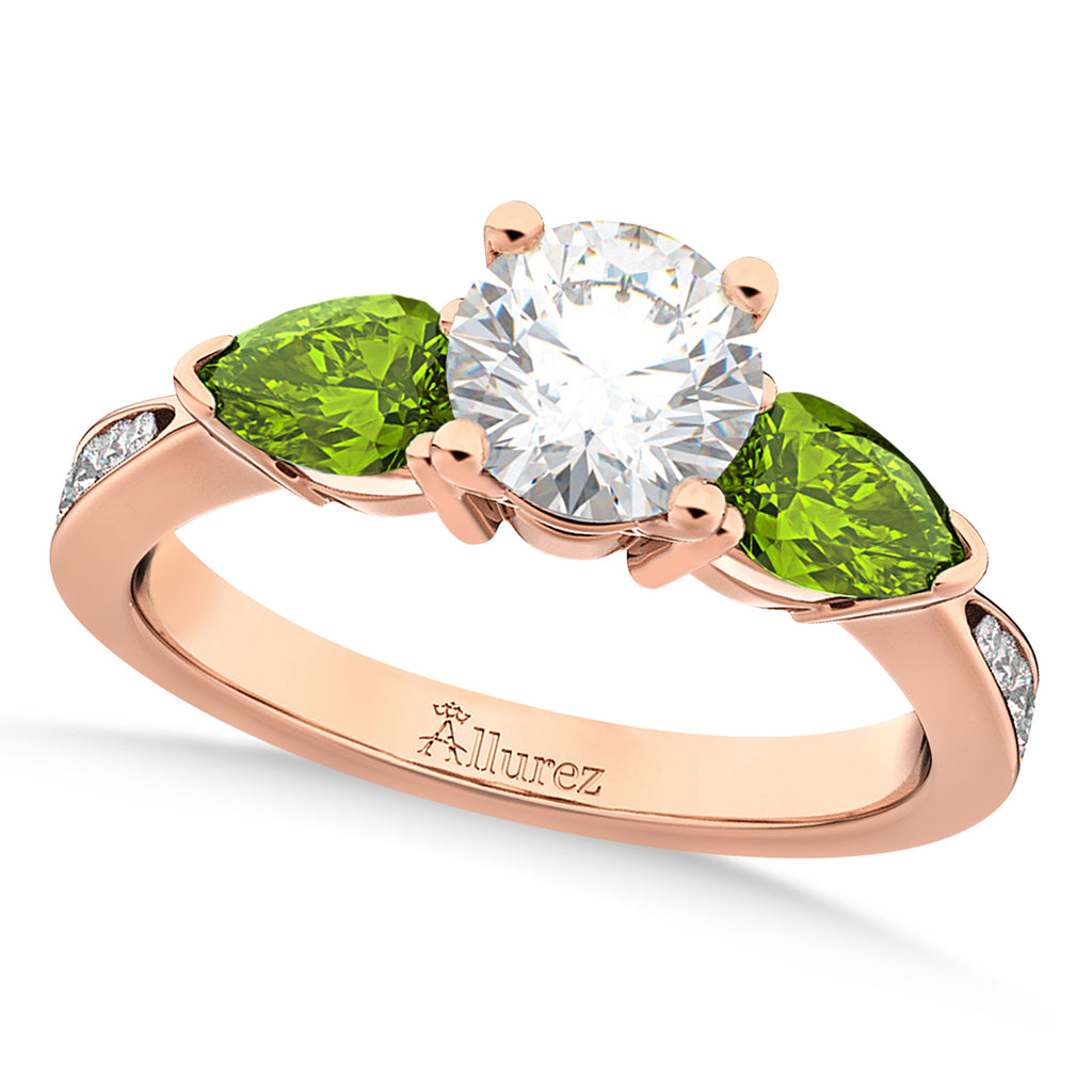 Round Diamond & Pear Peridot Engagement Ring 18k Rose Gold (1.79ct)