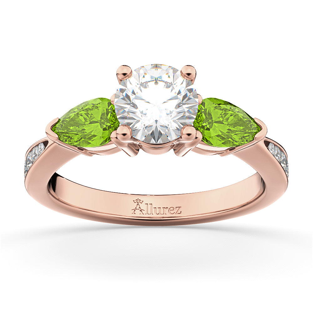 Round Diamond & Pear Peridot Engagement Ring 18k Rose Gold (1.79ct)