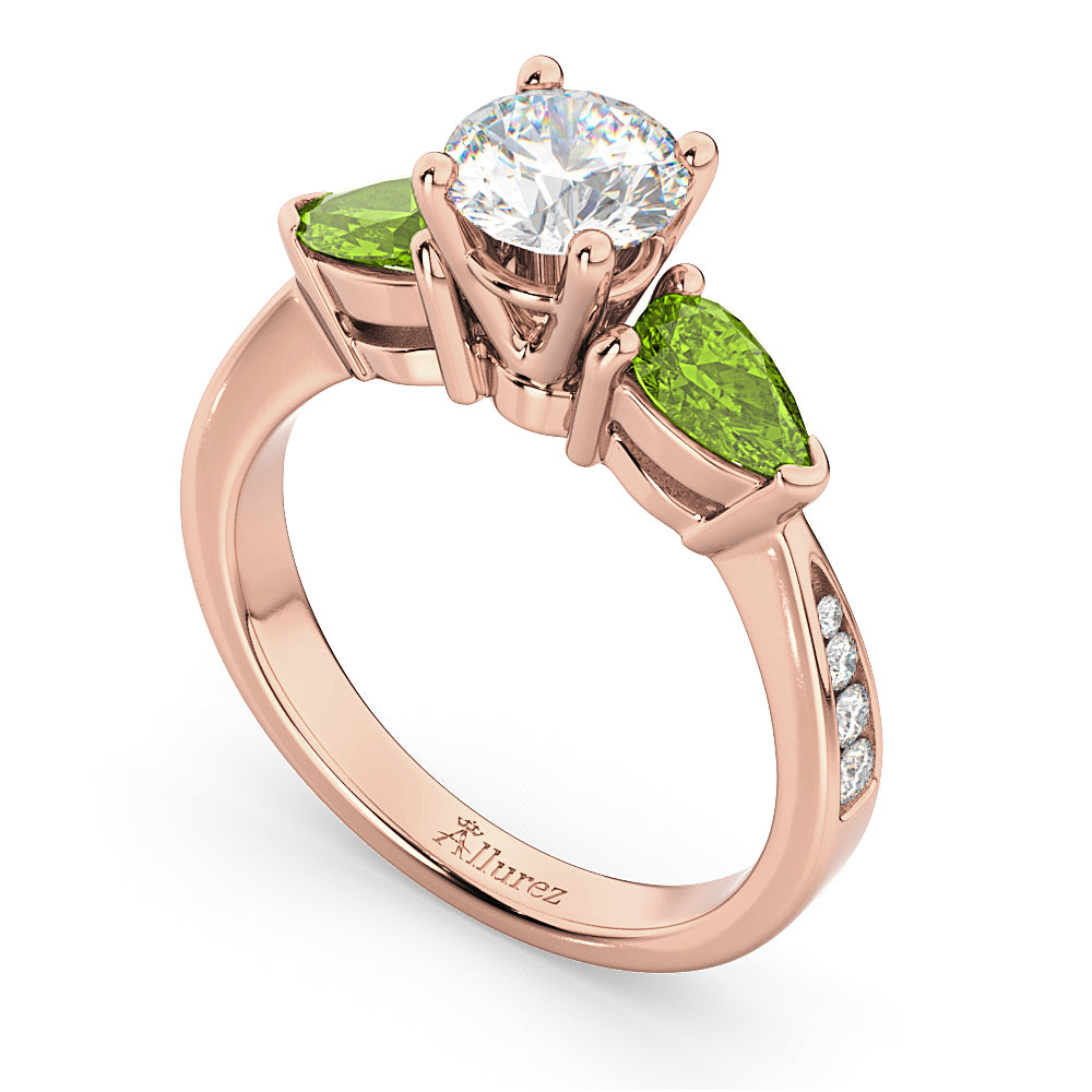 Round Diamond & Pear Peridot Engagement Ring 18k Rose Gold (1.79ct)