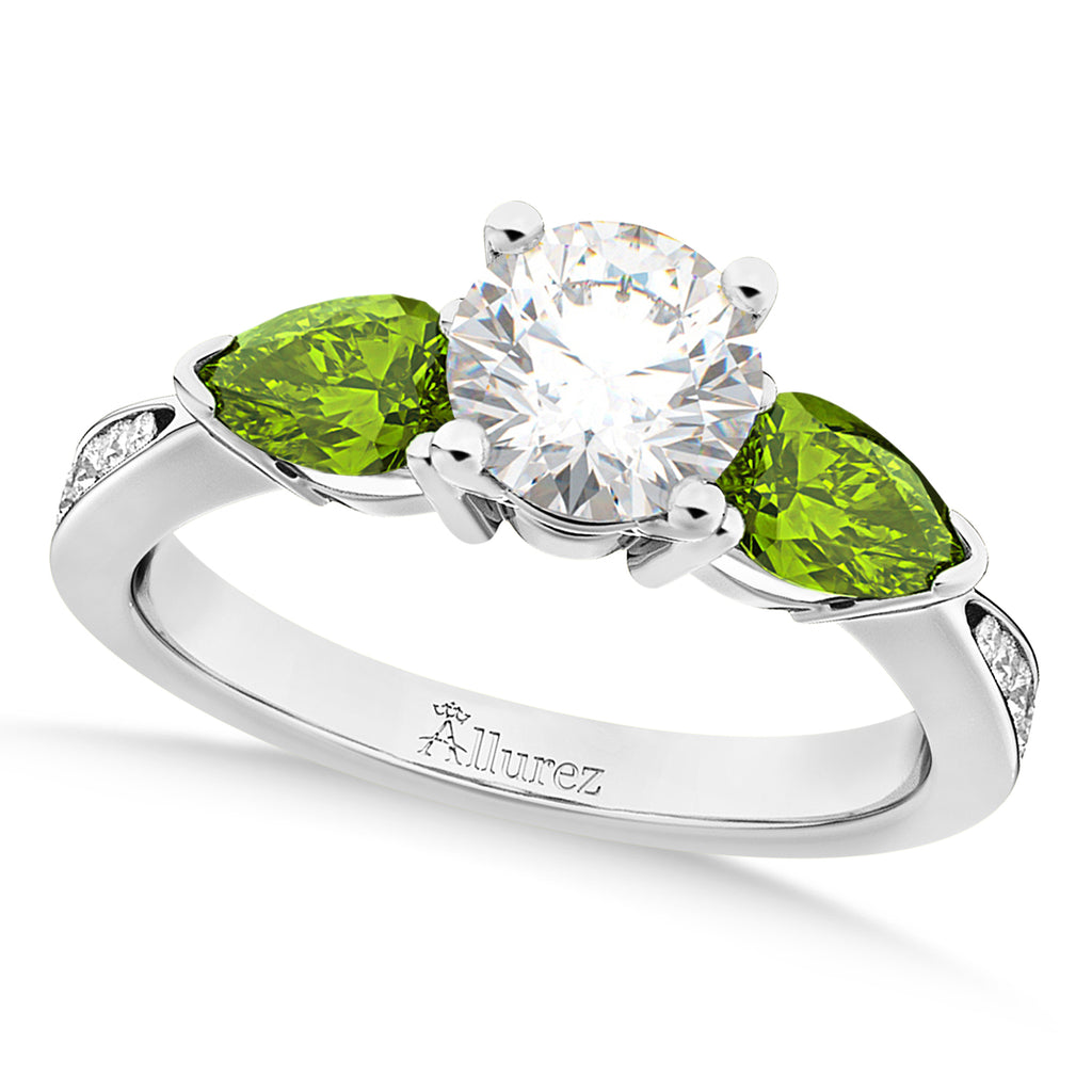 Round Diamond & Pear Peridot Engagement Ring in Palladium (1.79ct)