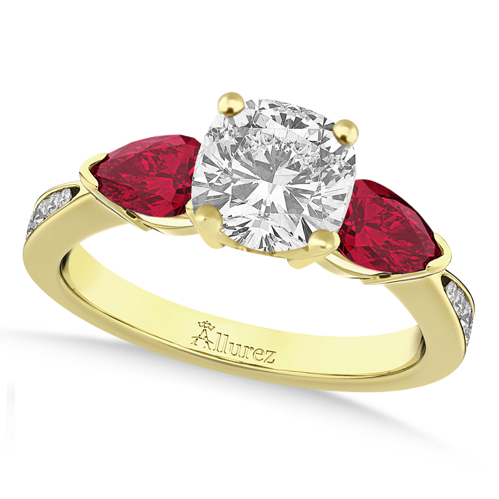 Cushion Diamond & Pear Ruby Gemstone Engagement Ring 18k Yellow Gold (1.29ct)