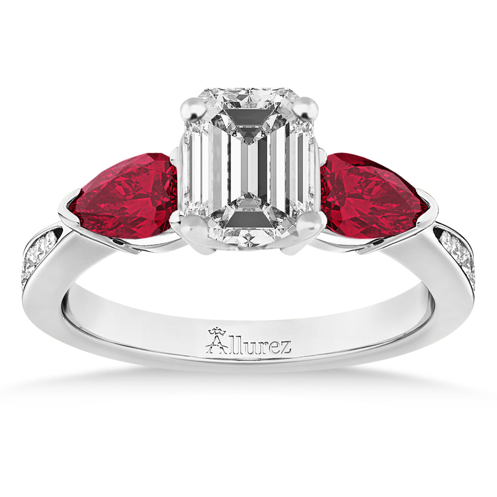 Emerald Diamond & Pear Ruby Gemstone Engagement Ring 18k White Gold (1.29ct)