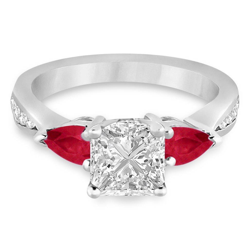 Princess Diamond & Pear Ruby Gemstone Engagement Ring 18k White Gold (1.29ct)