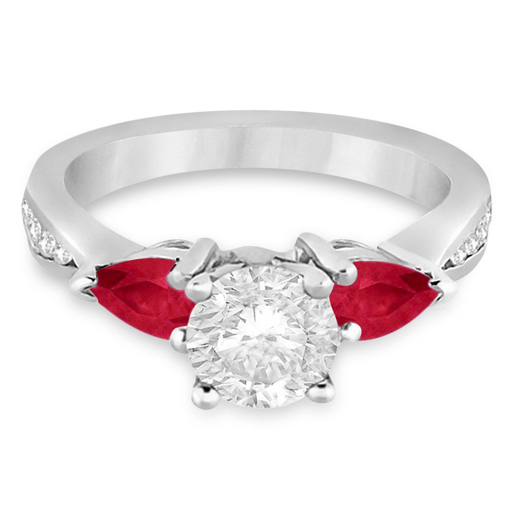 Round Diamond & Pear Ruby Gemstone Engagement Ring 18k White Gold (1.29ct)