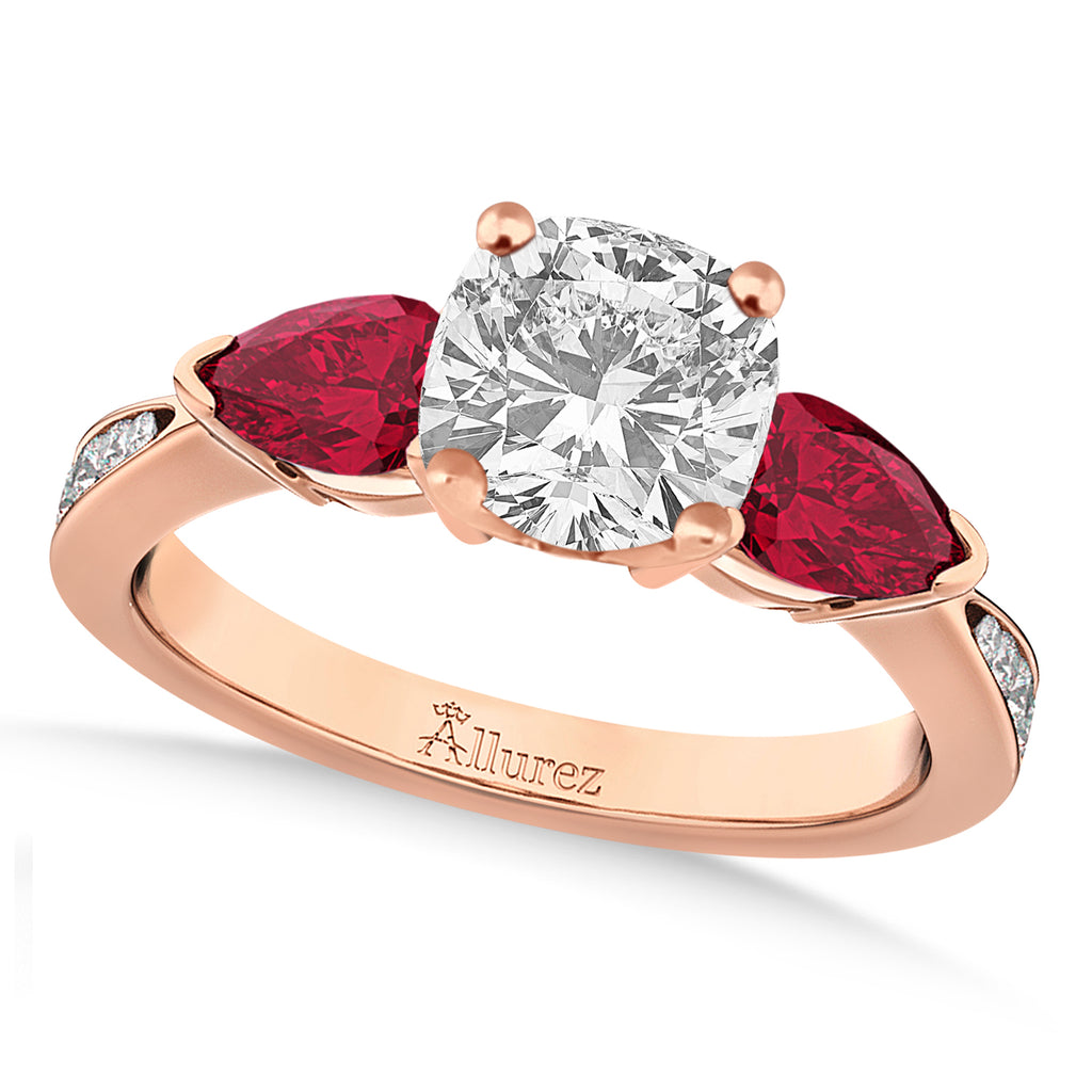 Cushion Diamond & Pear Ruby Gemstone Engagement Ring 18k Rose Gold (1.79ct)