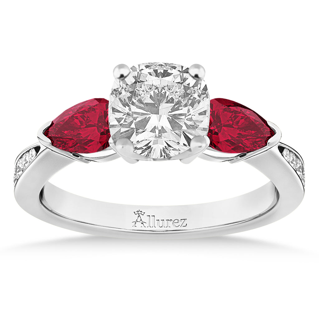 Cushion Diamond & Pear Ruby Gemstone Engagement Ring 18k White Gold (1.79ct)