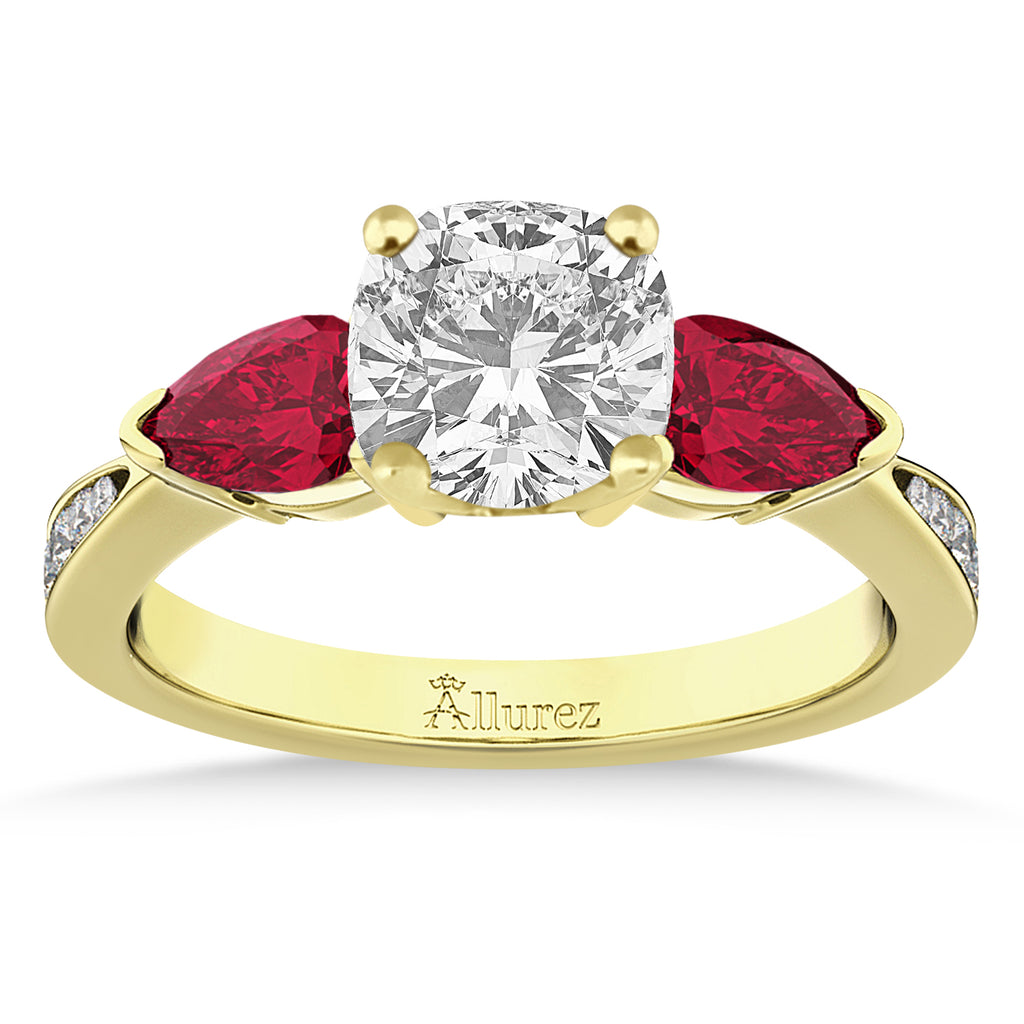 Cushion Diamond & Pear Ruby Gemstone Engagement Ring 18k Yellow Gold (1.79ct)