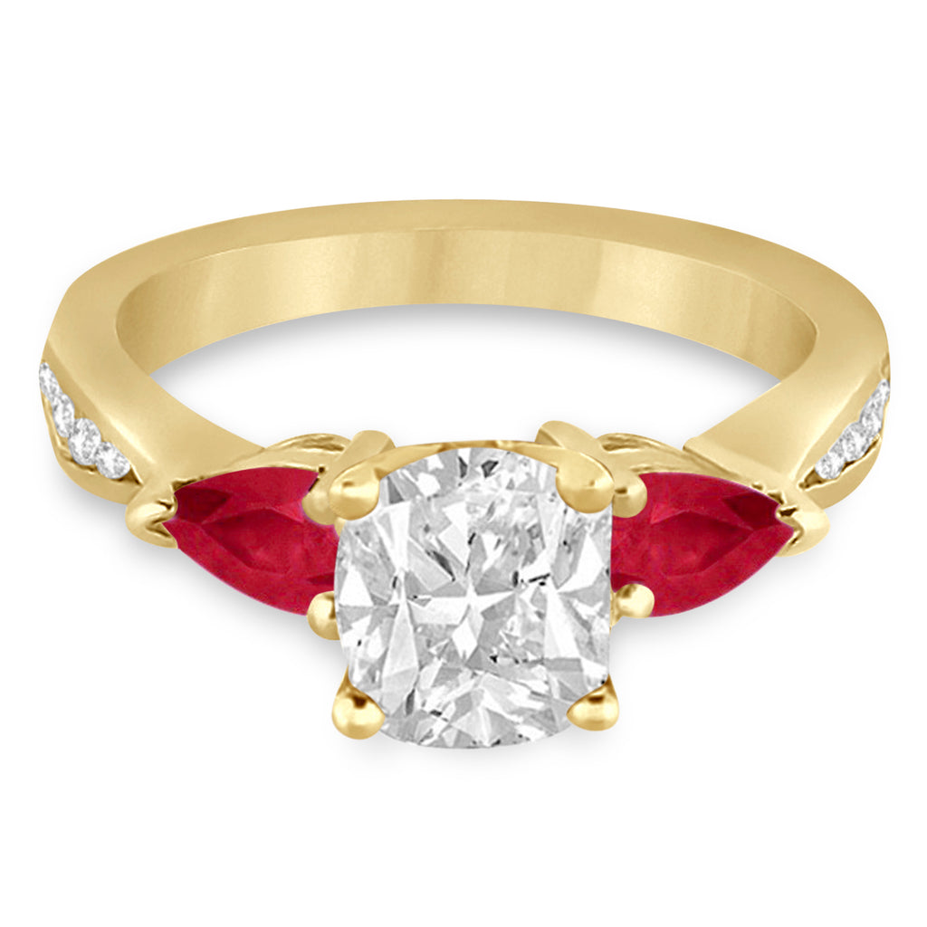 Cushion Diamond & Pear Ruby Gemstone Engagement Ring 18k Yellow Gold (1.79ct)