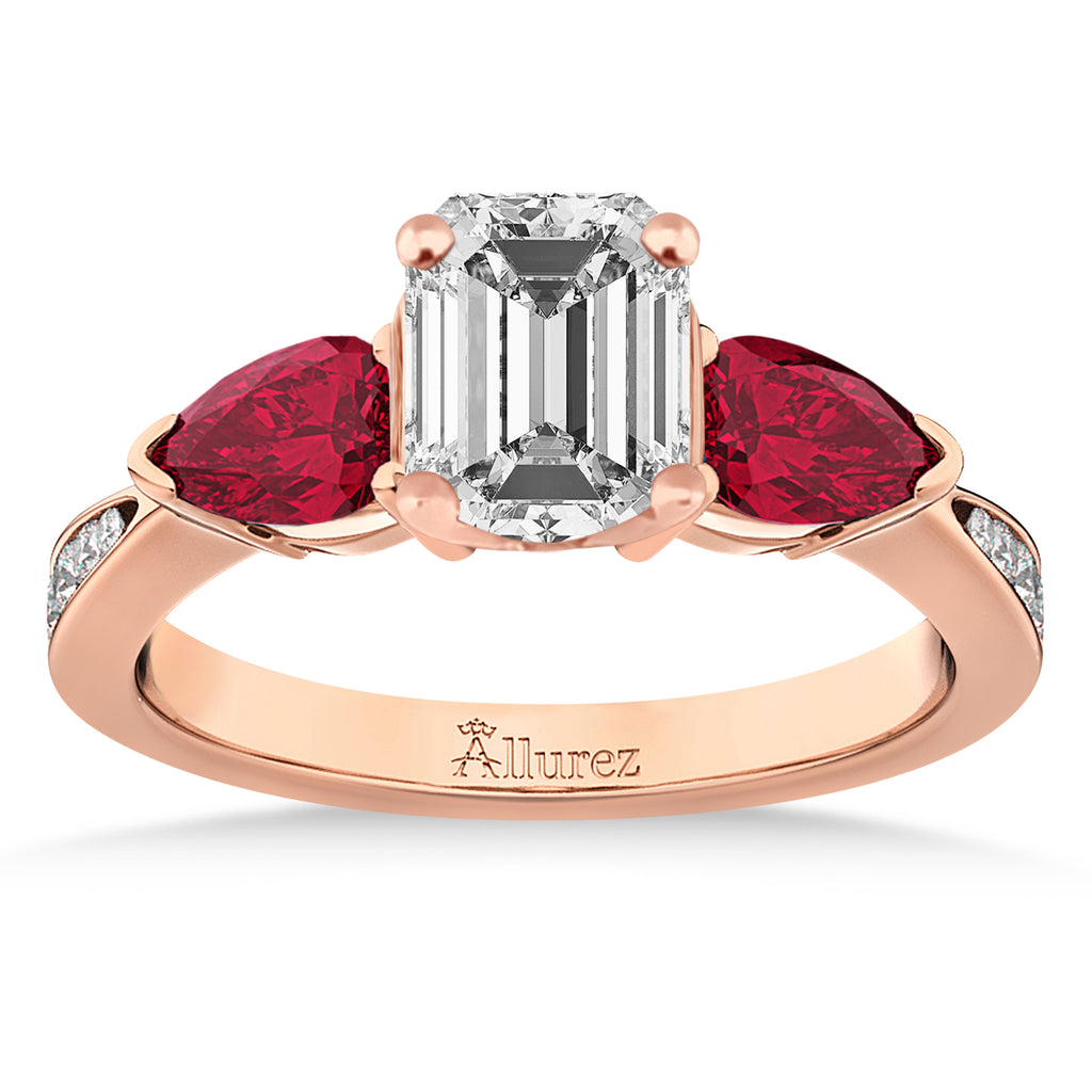 Emerald Diamond & Pear Ruby Gemstone Engagement Ring 18k Rose Gold (1.79ct)
