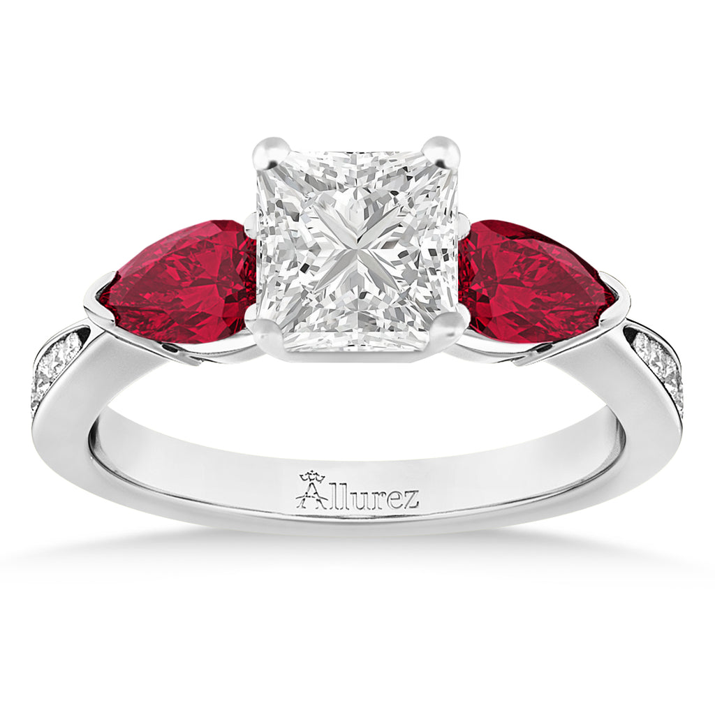 Princess Diamond & Pear Ruby Gemstone Engagement Ring 18k White Gold (1.79ct)