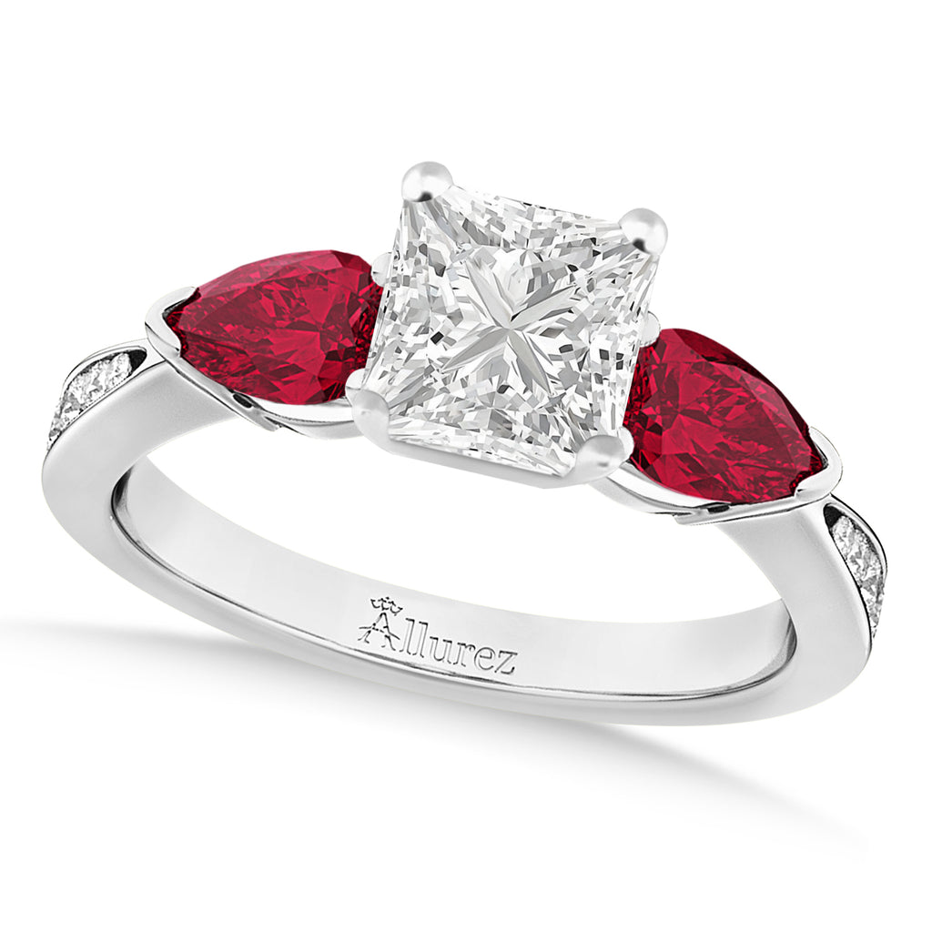 Princess Diamond & Pear Ruby Gemstone Engagement Ring Palladium (1.79ct)