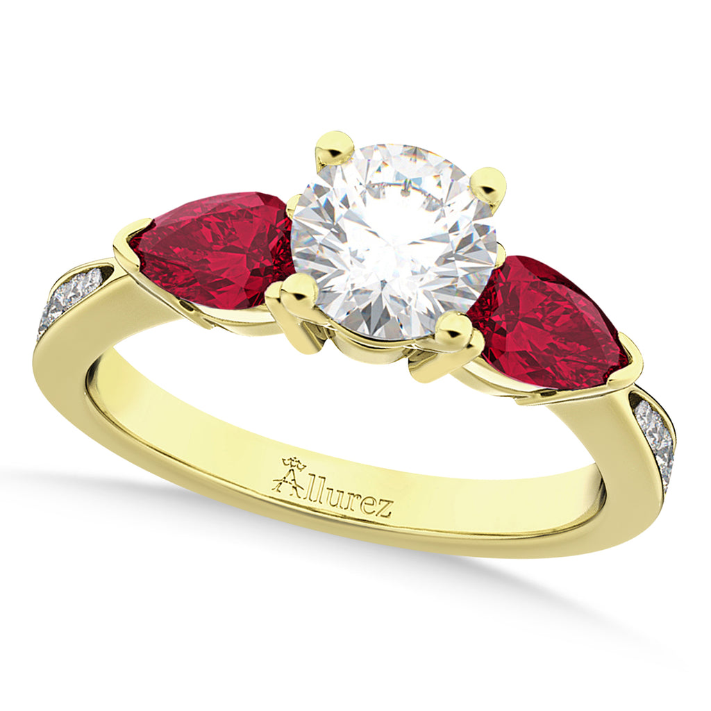 Round Diamond & Pear Ruby Gemstone Engagement Ring 18k Yellow Gold (1.79ct)