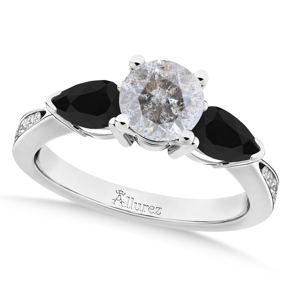 Round Salt & Pepper & Pear Black Diamond Engagement Ring 14k White Gold (1.29ct)