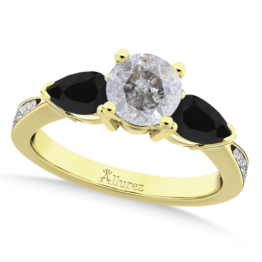 Round Salt & Pepper & Pear Black Diamond Engagement Ring 14k Yellow Gold (1.29ct)