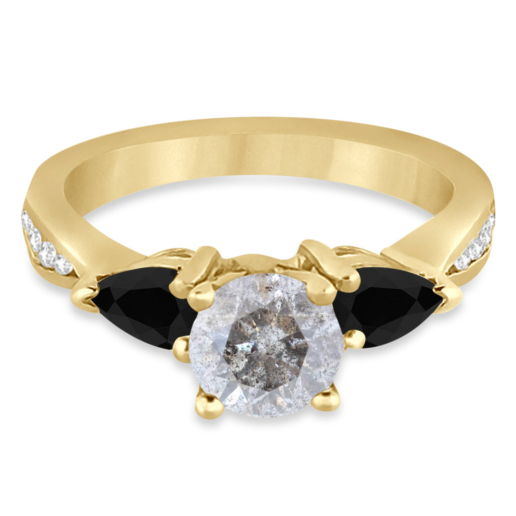 Round Salt & Pepper & Pear Black Diamond Engagement Ring 14k Yellow Gold (1.29ct)
