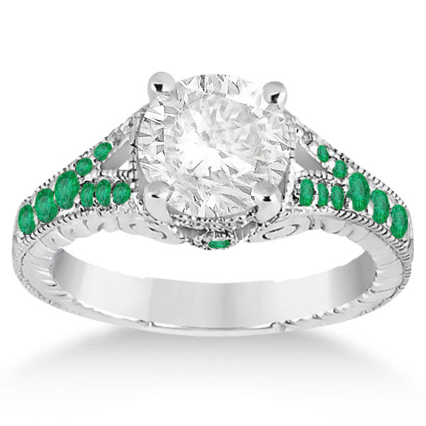 Antique Style Art Deco Emerald Engagement Ring 14k White Gold (0.33ct)