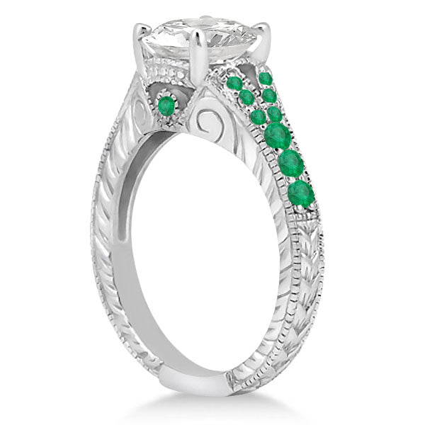 Antique Style Art Deco Emerald Engagement Ring 14k White Gold (0.33ct)