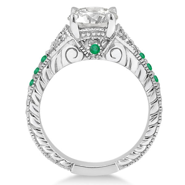 Antique Style Art Deco Emerald Engagement Ring 14k White Gold (0.33ct)