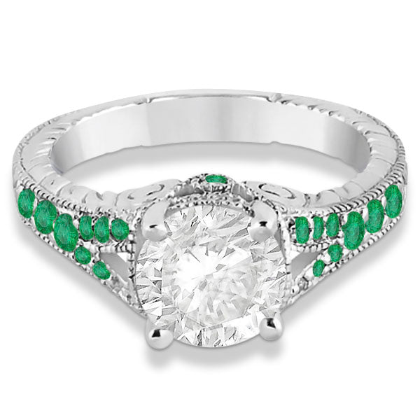 Antique Style Art Deco Emerald Engagement Ring 18k White Gold (0.33ct)