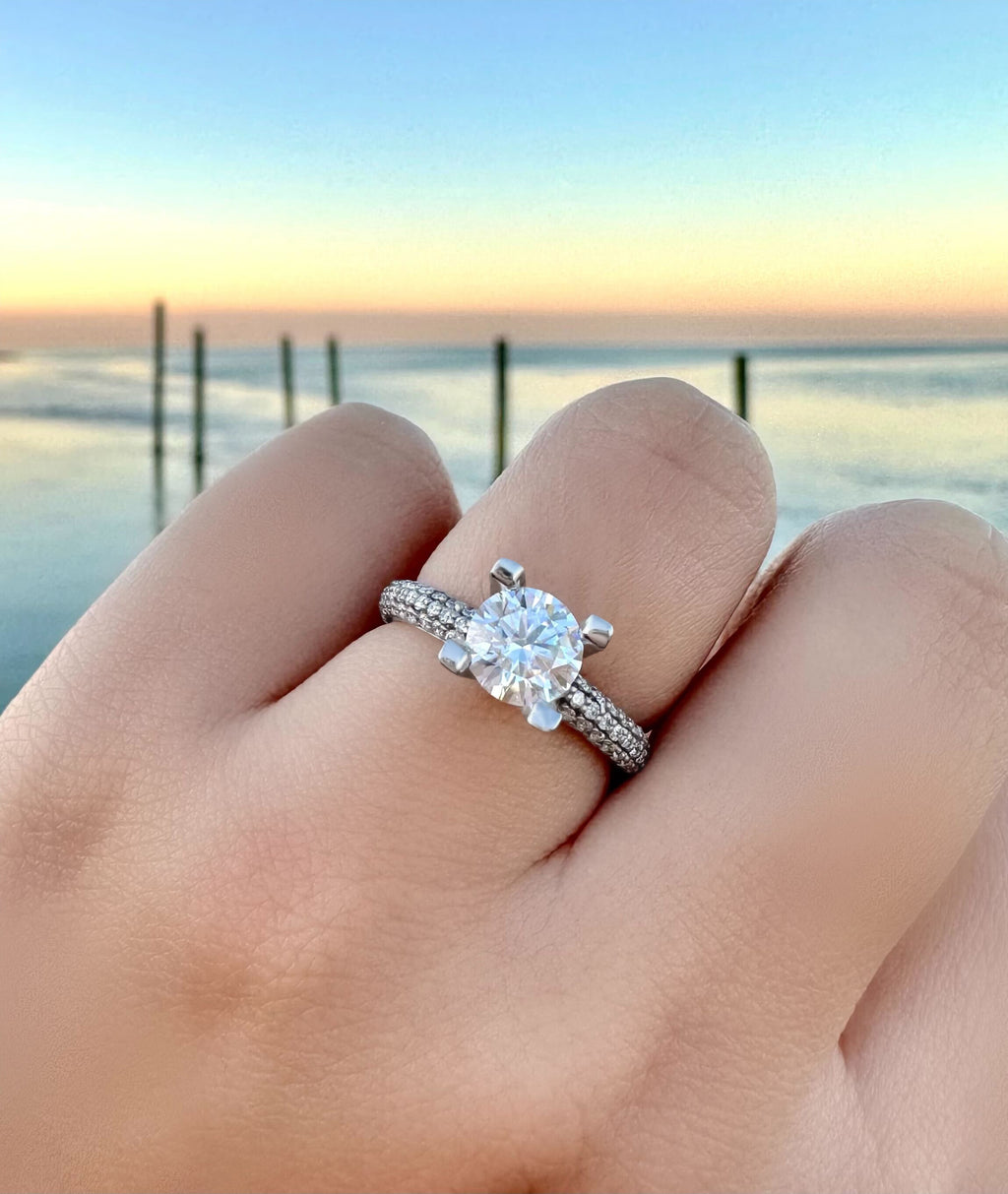 Eternity Pave Set Trio Diamond Engagement Ring 14K White Gold (0.88ct)