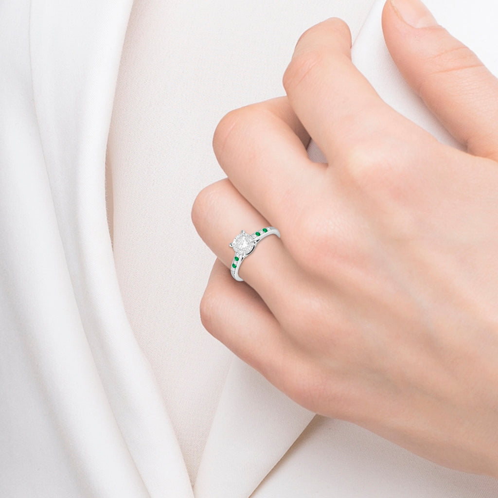 Cathedral Emerald & Diamond Engagement Ring 14k White Gold (0.20ct)