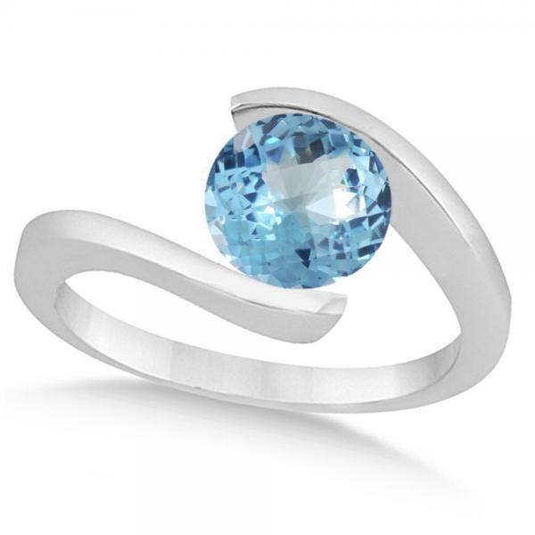 Tension Set Solitaire Blue Topaz Engagement Ring 14k White Gold 1.00ct