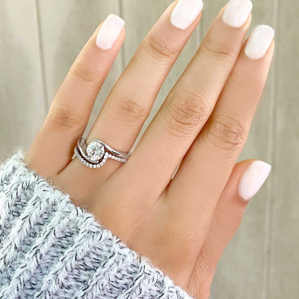 Tension Set Lab Diamond Engagement Ring & Band Bridal Set 18K White Gold