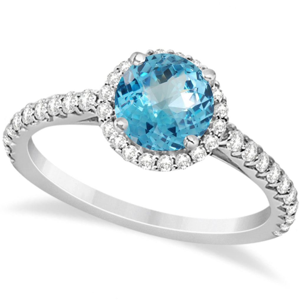 Halo Blue Topaz & Diamond Engagement Ring  14K White Gold 1.86ct
