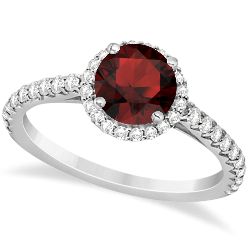 Halo Garnet & Diamond Engagement Ring  14K White Gold 1.90ct