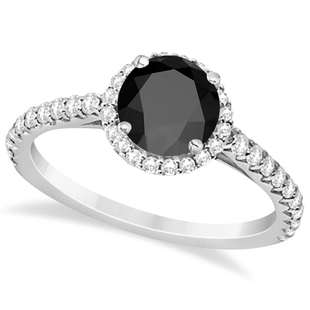 Halo Black Onyx & Diamond Engagement Ring 14k White Gold (1.50ct)