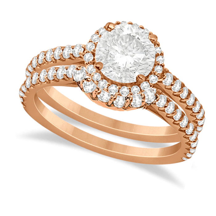 Halo Diamond Bridal Set w/ Side Stones 14K Rose Gold (1.58ct)