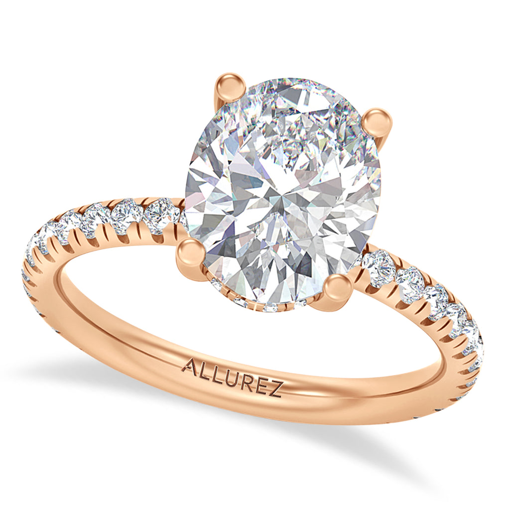Oval & Round Lab Diamond Hidden Halo Engagement Ring 18K Rose Gold (3.45ct)