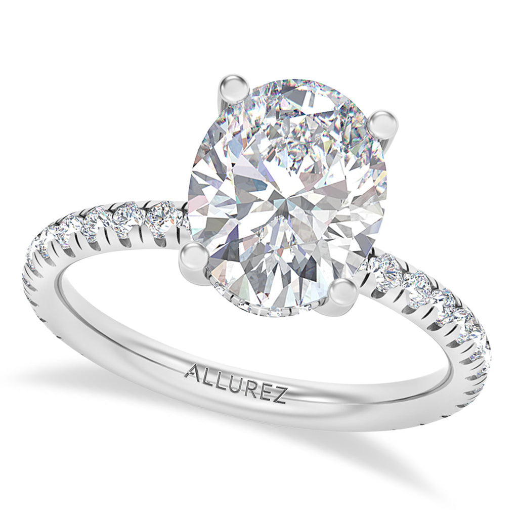 Oval & Round Lab Diamond Hidden Halo Engagement Ring 18K White Gold (3.45ct)