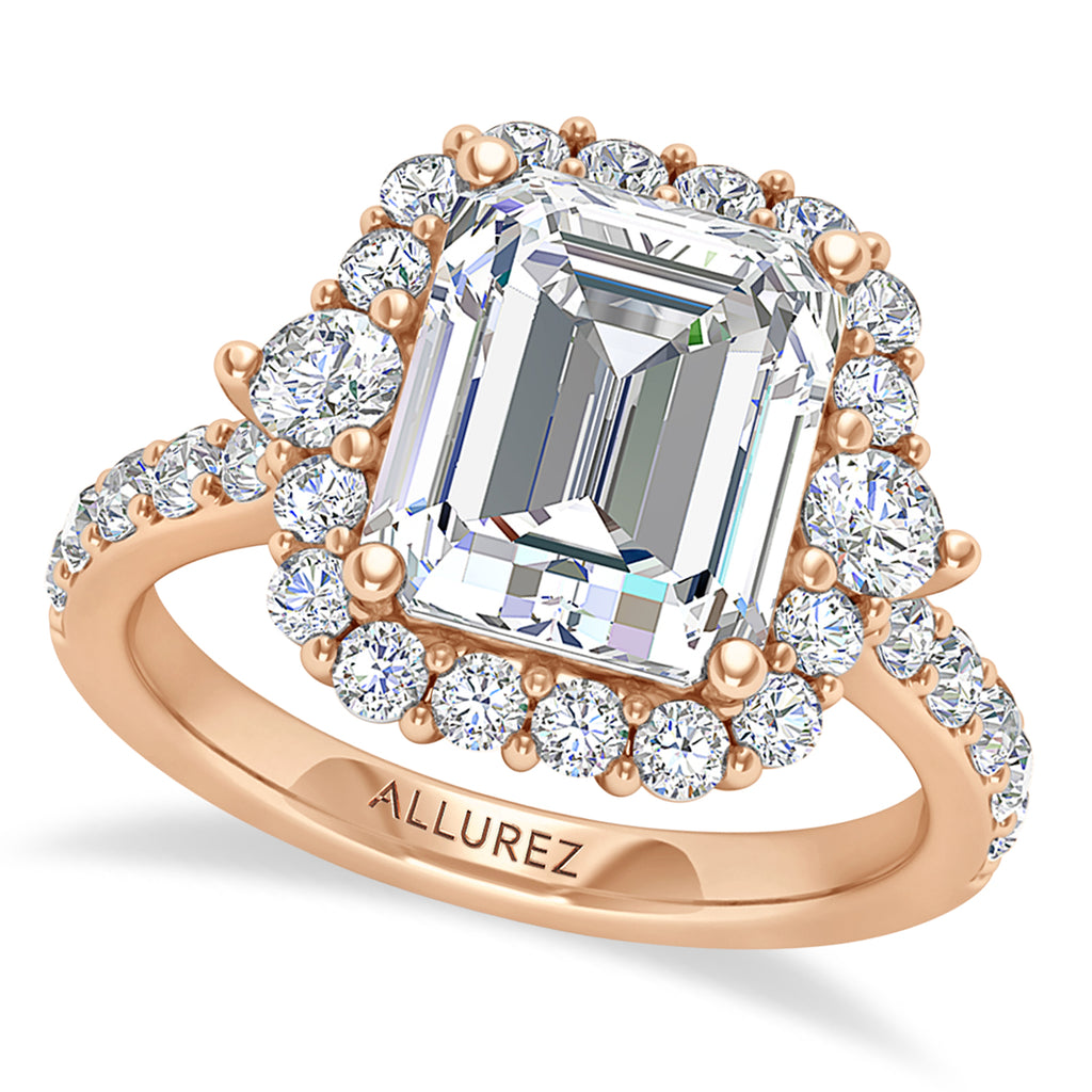Emerald Cut & Round Lab Diamond Halo Engagement Ring 14K Rose Gold (3.90ct)