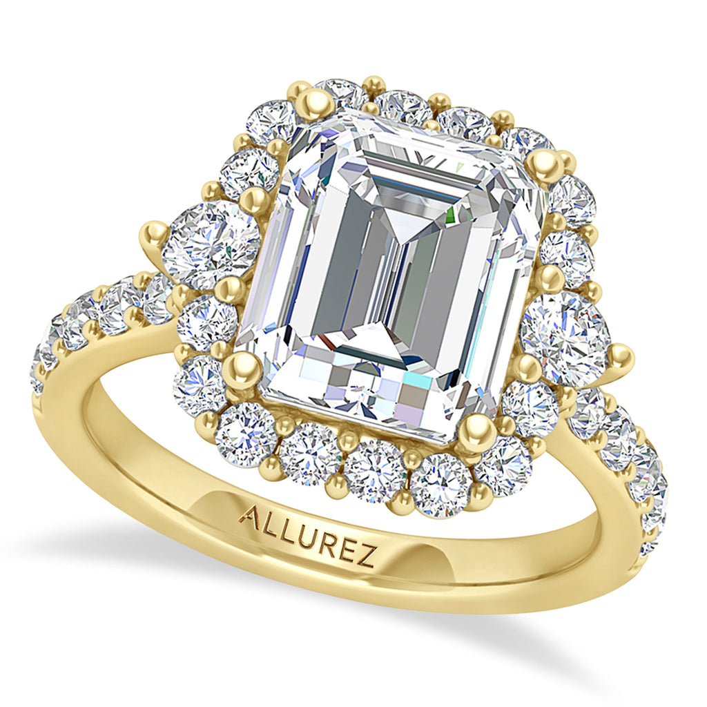 Emerald Cut & Round Lab Diamond Halo Engagement Ring 14K Yellow Gold (3.90ct)