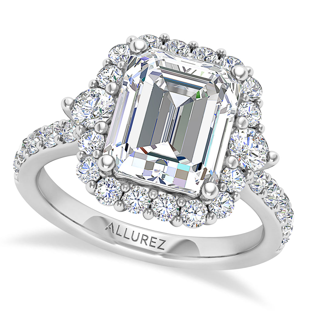 Emerald Cut Moissanite & Round Lab Grown Diamond Halo Engagement Ring 14K White Gold (3.90ct)