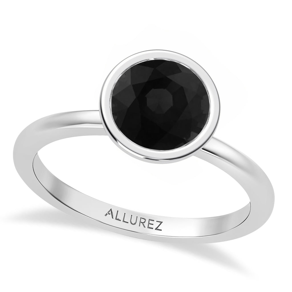Round Natural Black Diamond Bezel Engagement Ring 18K White Gold (1.50ct)