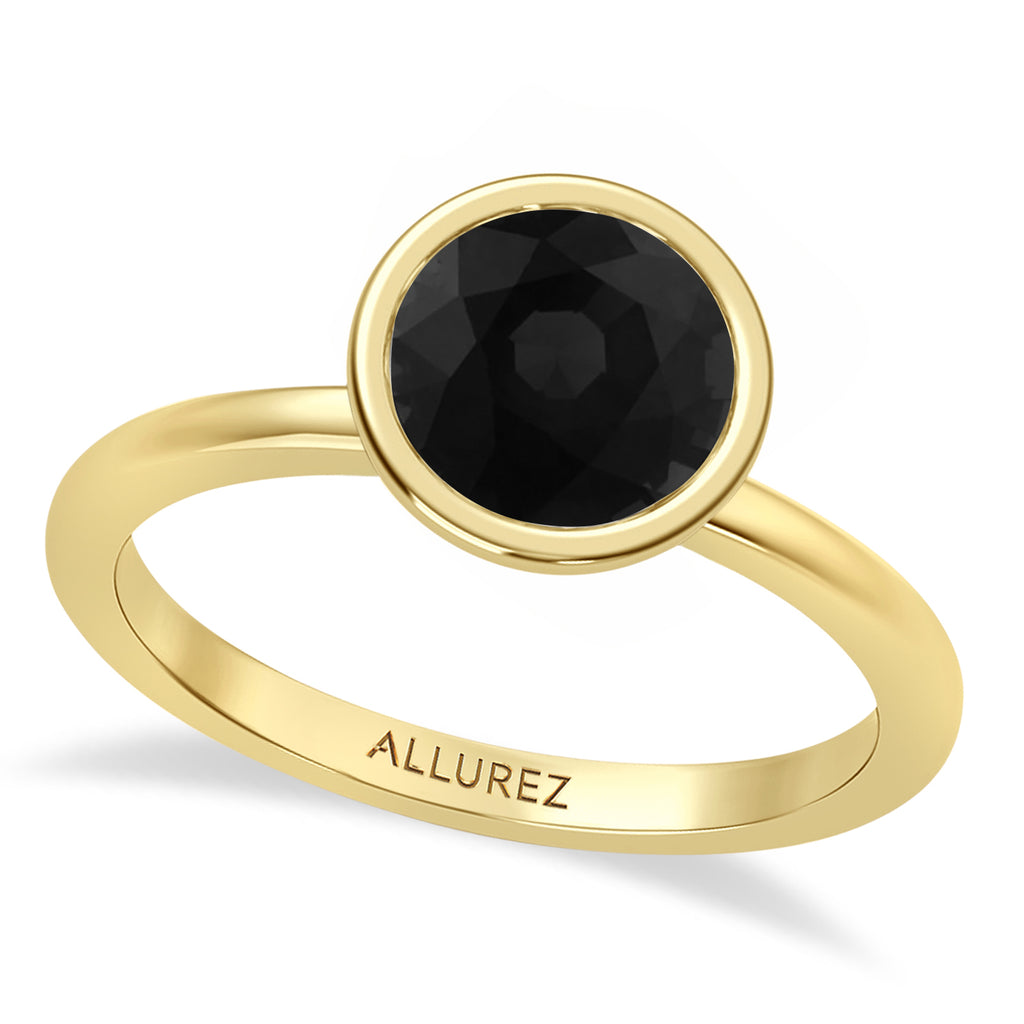 Round Natural Black Diamond Bezel Engagement Ring 18K Yellow Gold (1.50ct)
