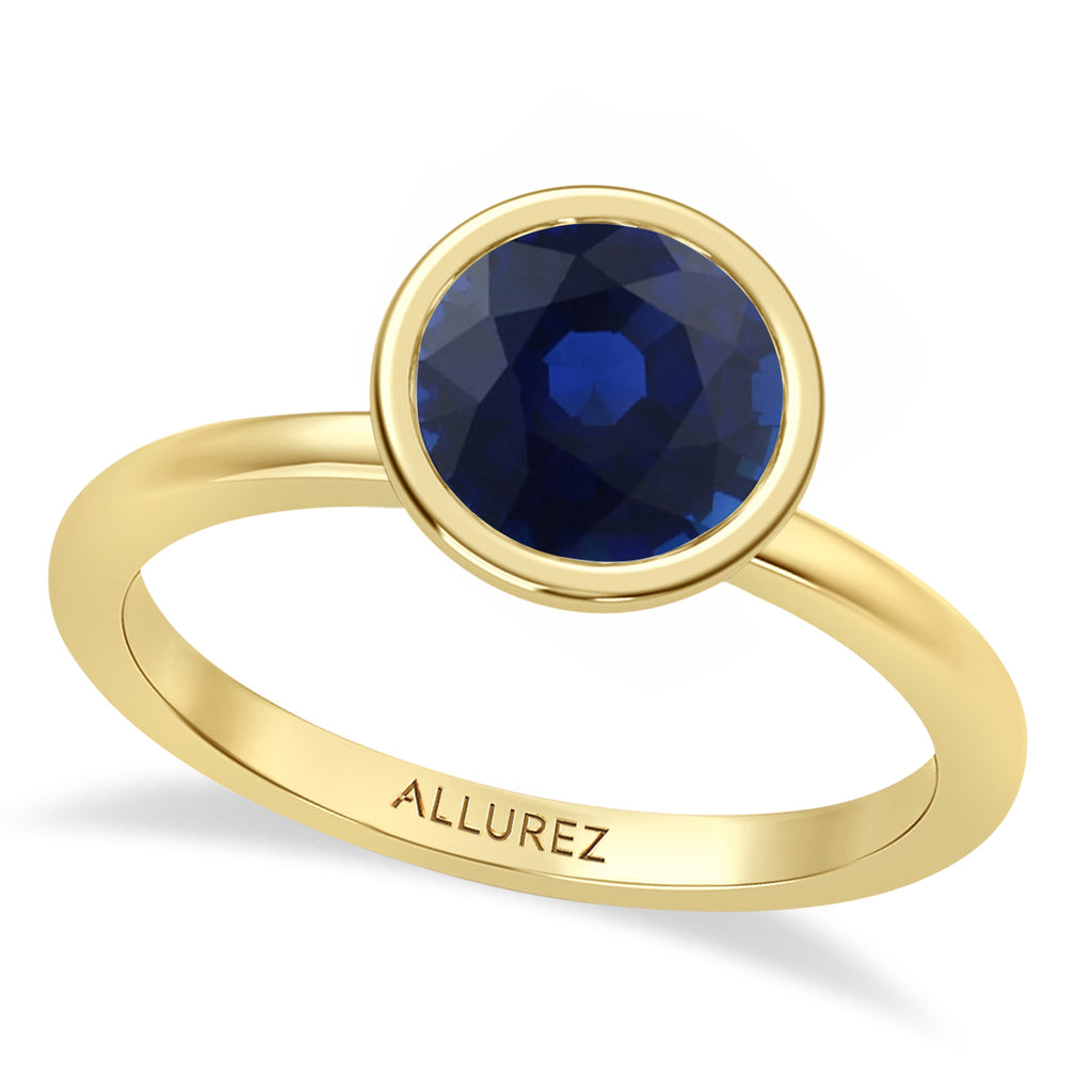 Round Lab Blue Sapphire Bezel Engagement Ring 18K Yellow Gold (2.12ct)