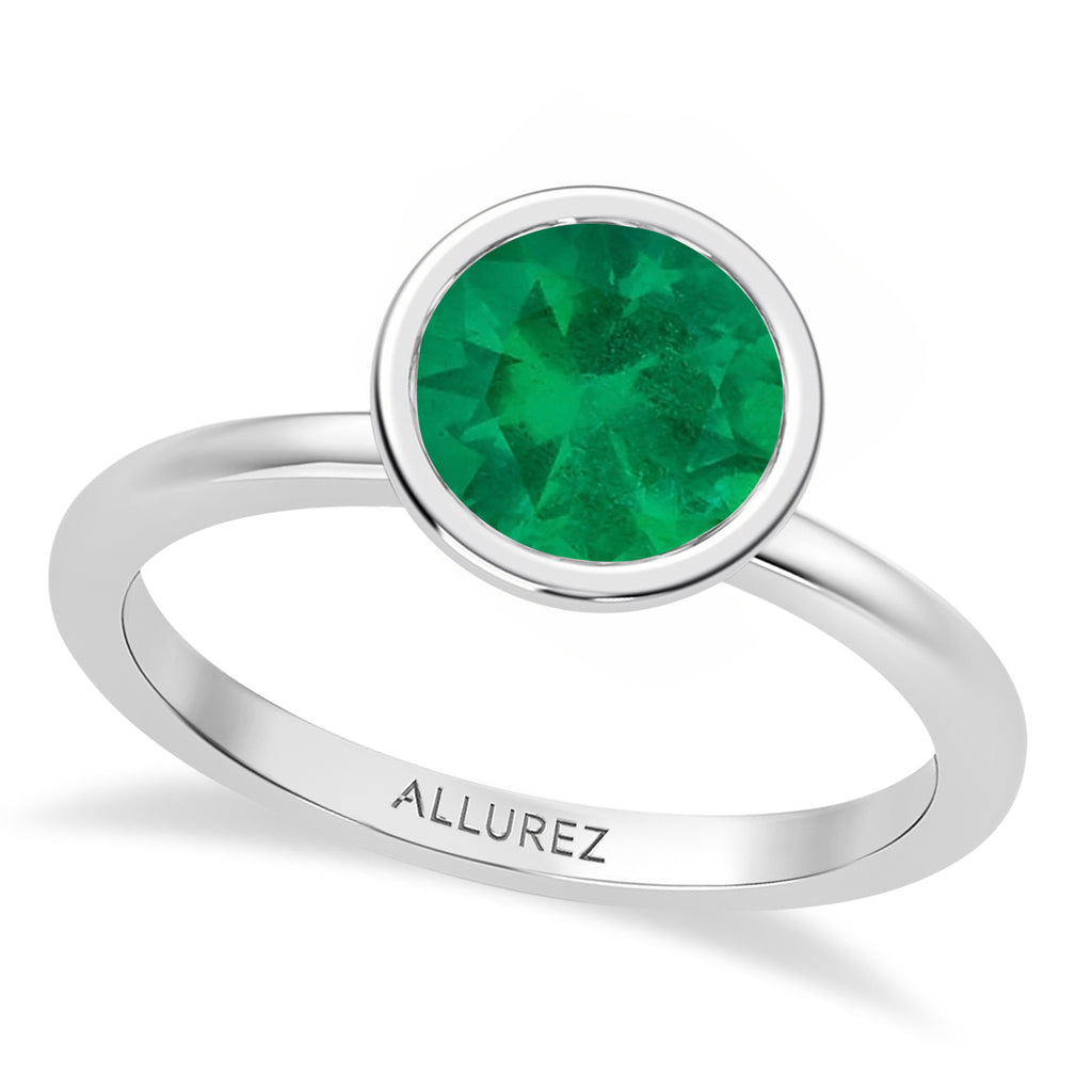 Round Lab Emerald Bezel Engagement Ring 14K White Gold (1.53ct)