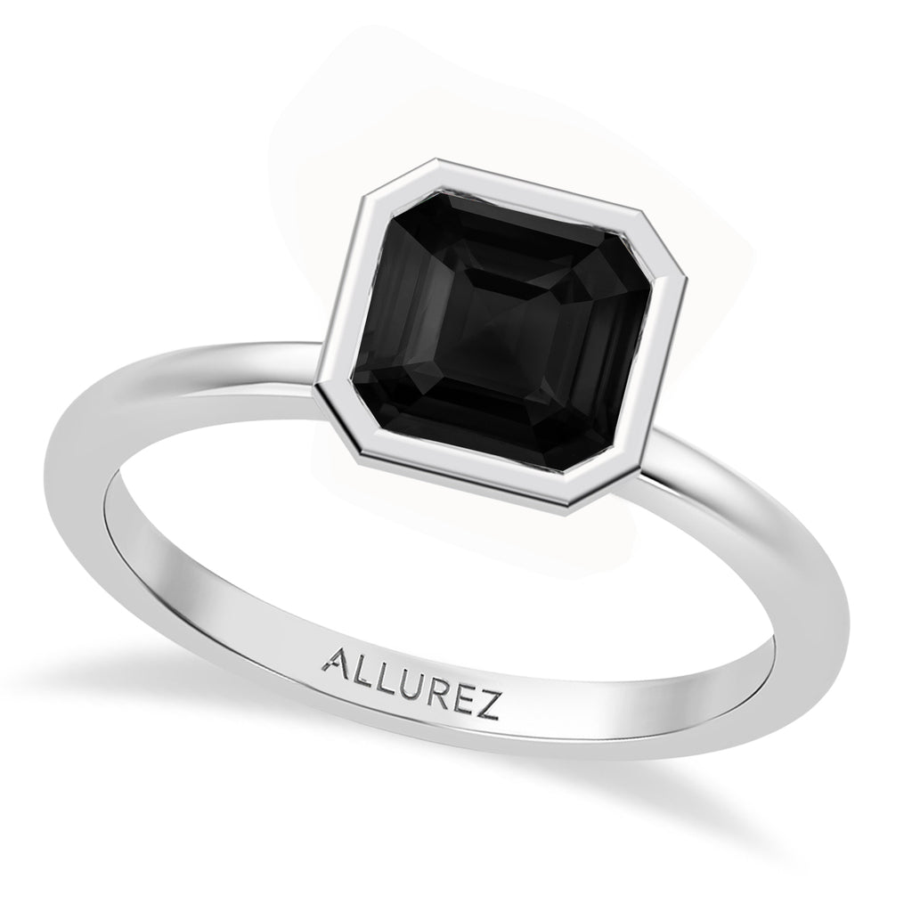 Asscher Natural Black Diamond Bezel Engagement Ring 14K White Gold (1.70ct)