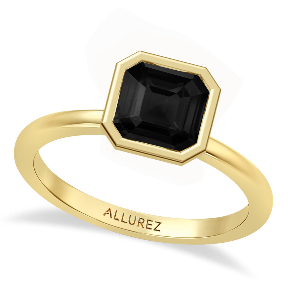 Asscher Natural Black Diamond Bezel Engagement Ring 18K Yellow Gold (1.70ct)