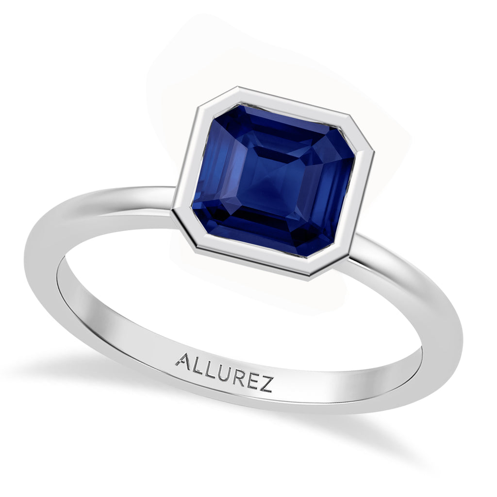 Asscher Lab Blue Sapphire Bezel Engagement Ring 14K White Gold (1.30ct)