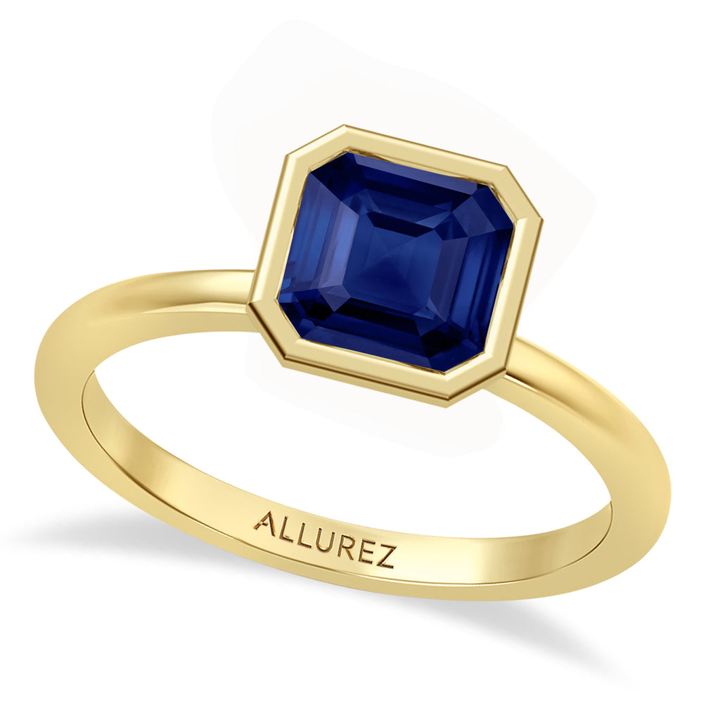Asscher Lab Blue Sapphire Bezel Engagement Ring 14K Yellow Gold (1.30ct)