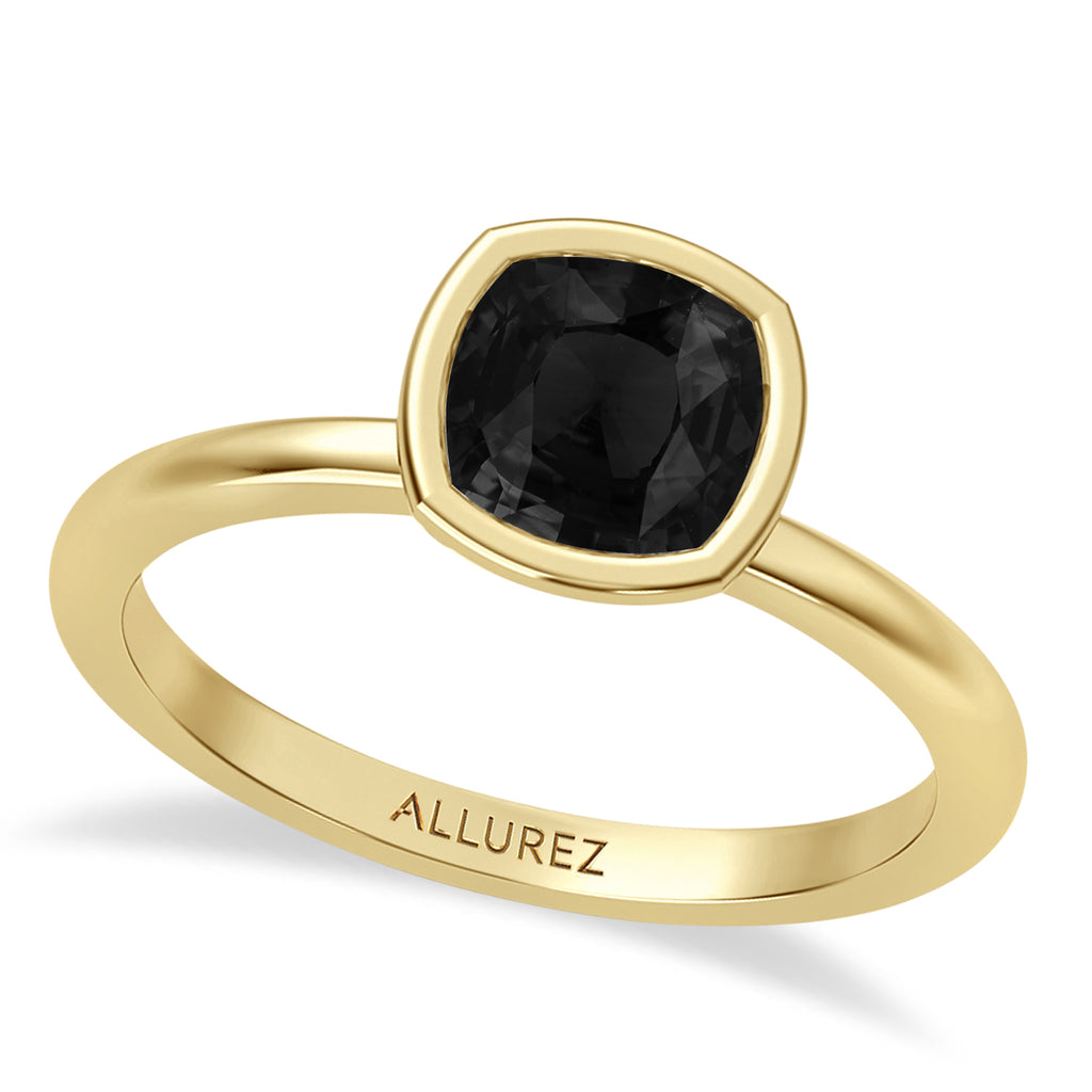 Cushion Cut Natural Black Diamond Bezel Engagement Ring 18K Yellow Gold (1.70ct)