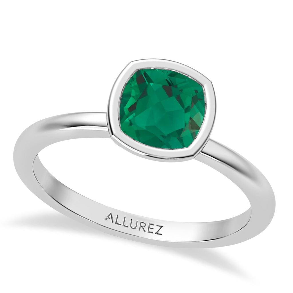 Cushion Cut Lab Emerald Bezel Engagement Ring in Platinum (1.40ct)