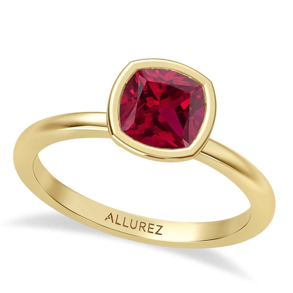 Cushion Cut Lab Ruby Bezel Engagement Ring 14K Yellow Gold (1.50ct)