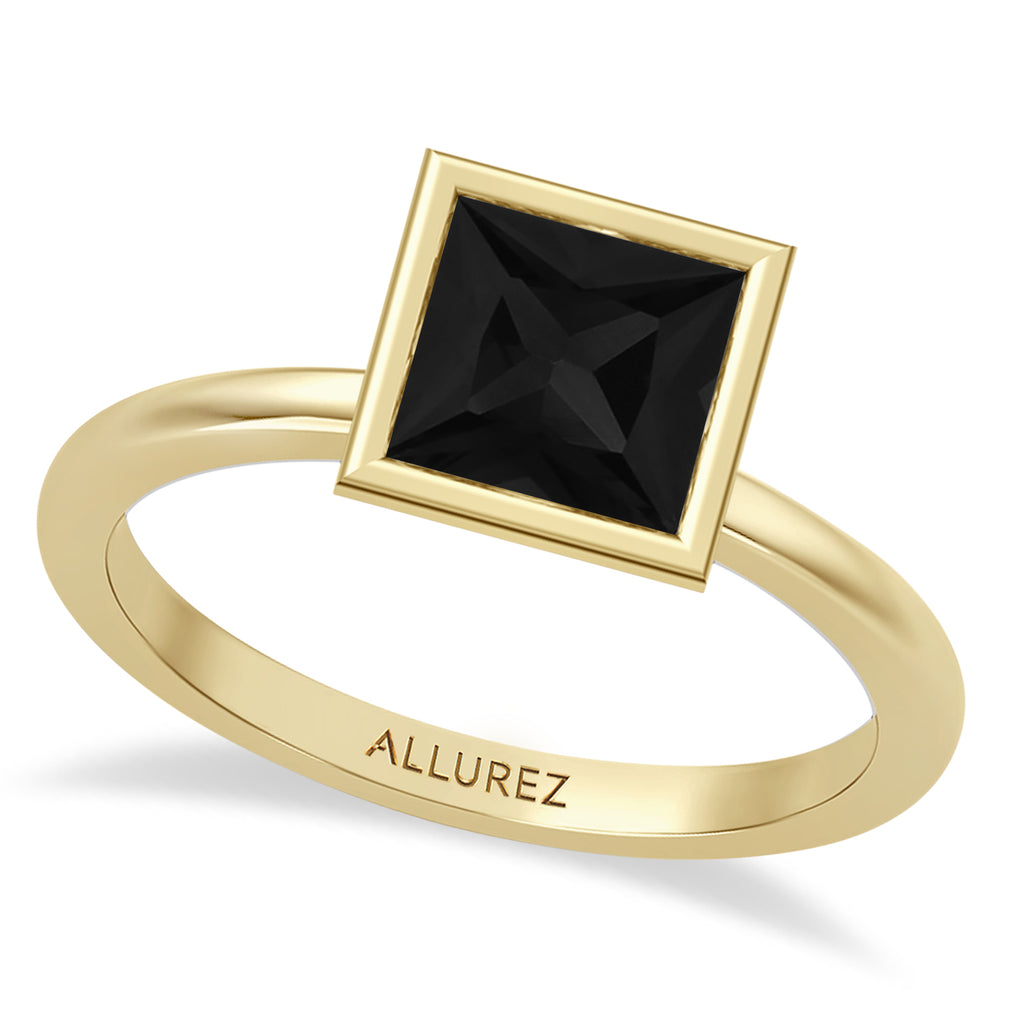 Princess Cut Natural Black Diamond Bezel Engagement Ring 18K Yellow Gold (1.60ct)